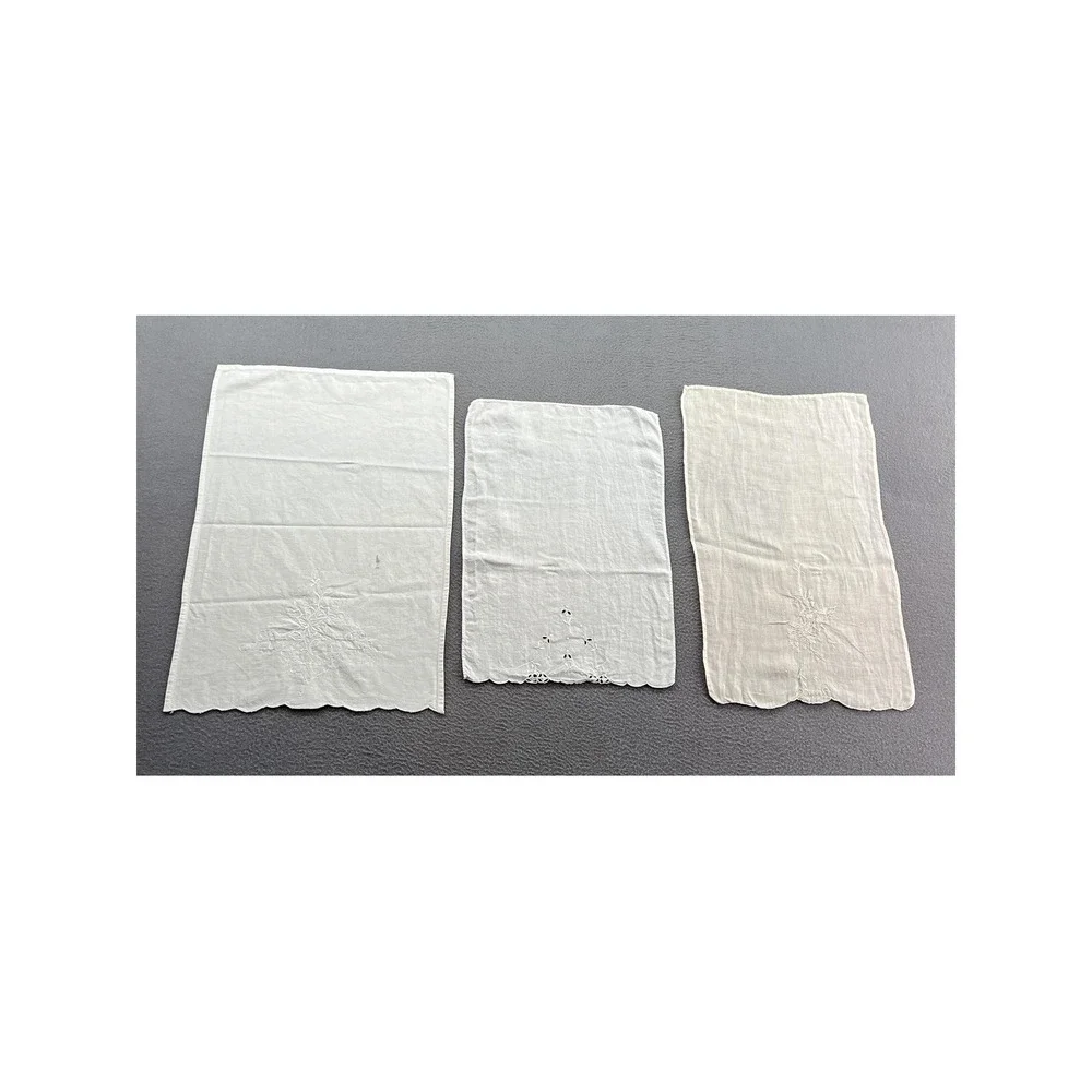 Vintage White Linen Guest Towels Set of 3 Hand Embroidered Floral Scalloped Edge